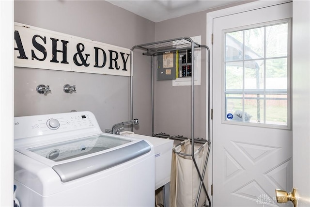 laundry area with washer / dryer, laundry area, a sink, and electric panel