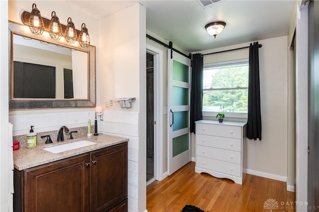 bathroom featuring baseboards, wood finished floors, and vanity