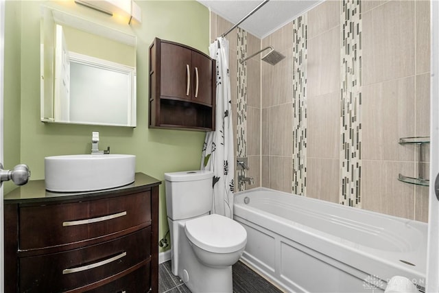 full bath featuring vanity, toilet, and shower / tub combo with curtain