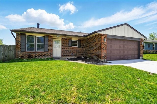 8398 Trowbridge Way, Huber Heights, OH 45424 - single story home with a garage, fence, a front lawn, and brick siding