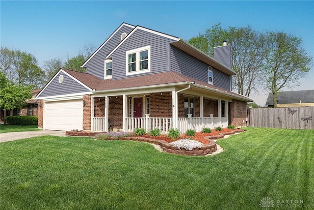 view of front of home featuring fence, covered porch, a chimney, and brick siding