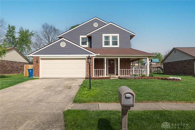 traditional-style house featuring covered porch, driveway, a front lawn, and brick siding