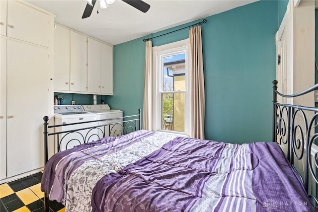 bedroom featuring tile patterned floors, a ceiling fan, and independent washer and dryer