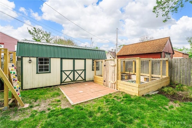 view of outbuilding with a fenced backyard and an outdoor structure