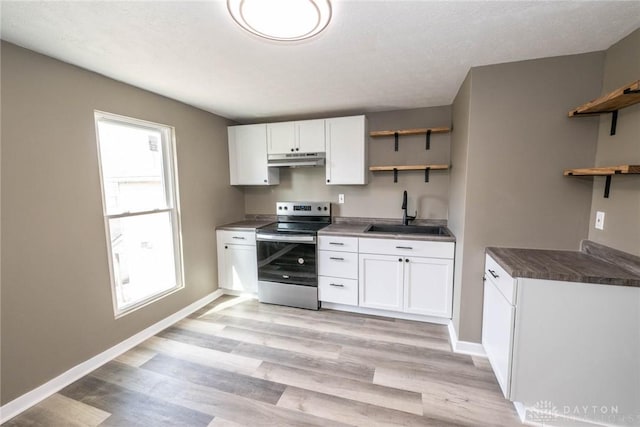 kitchen with a sink, open shelves, stainless steel range with electric stovetop, and under cabinet range hood