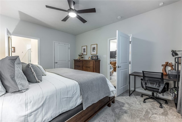 bedroom with baseboards, carpet flooring, and ceiling fan