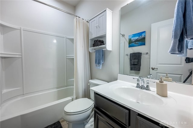 bathroom featuring toilet, shower / bath combination with curtain, and vanity