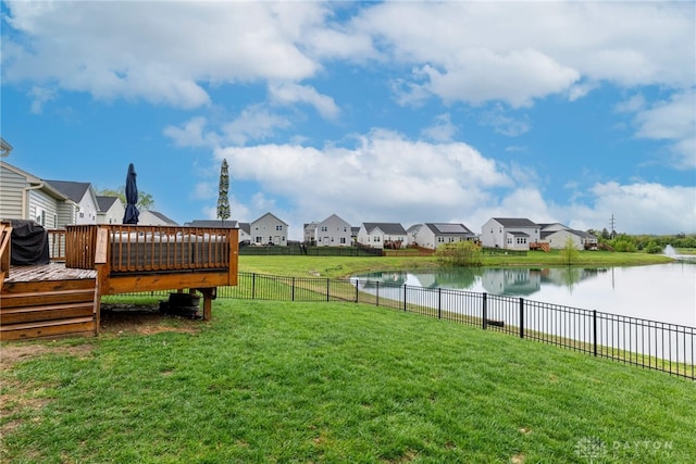 view of yard featuring a residential view, a fenced backyard, and a deck with water view