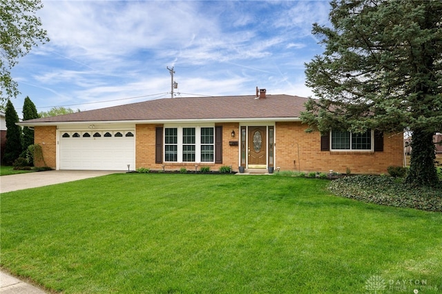 ranch-style house with brick siding, an attached garage, driveway, and a front yard
