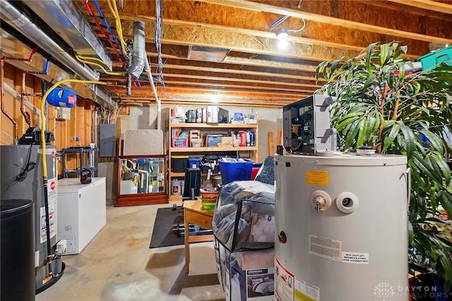 unfinished below grade area with refrigerator, water heater, and electric panel