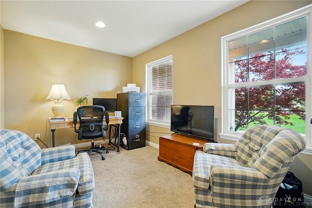 carpeted office featuring a healthy amount of sunlight, baseboards, and recessed lighting