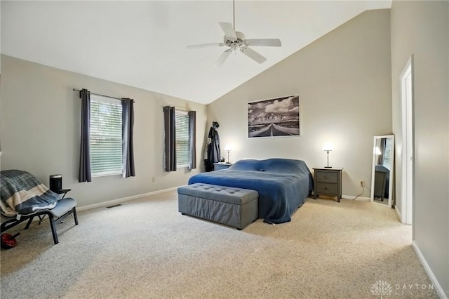 5497 Riverwalk Dr, Kings Mills, OH 45034 - bedroom with light colored carpet, high vaulted ceiling, baseboards, and a ceiling fan