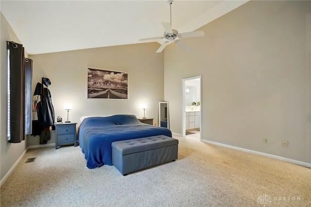 5497 Riverwalk Dr, Kings Mills, OH 45034 - bedroom featuring light colored carpet, baseboards, high vaulted ceiling, ensuite bath, and ceiling fan