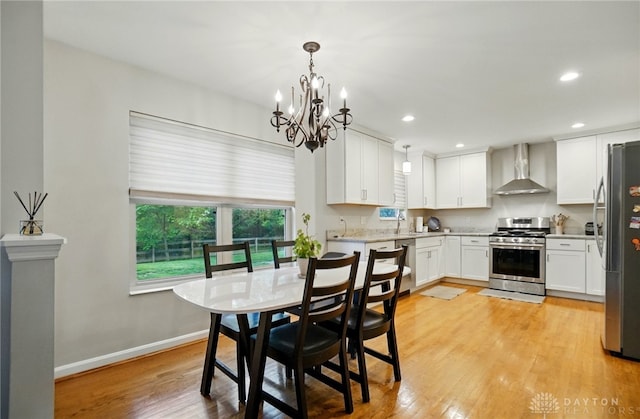 5497 Riverwalk Dr, Kings Mills, OH 45034 - dining space featuring light wood-style flooring, a chandelier, recessed lighting, and baseboards