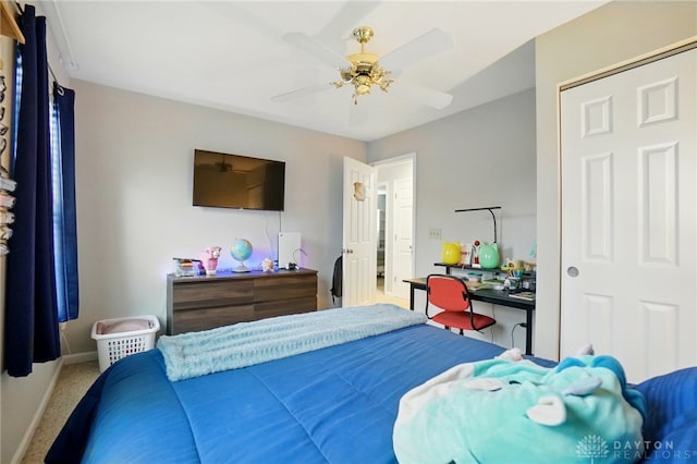 5497 Riverwalk Dr, Kings Mills, OH 45034 - bedroom with baseboards, carpet floors, and a ceiling fan