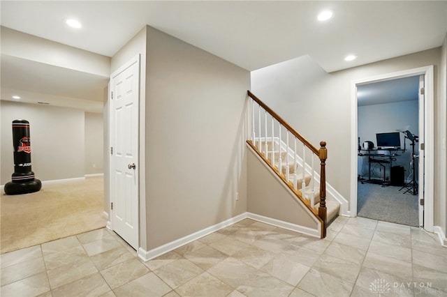 5497 Riverwalk Dr, Kings Mills, OH 45034 - staircase featuring carpet, recessed lighting, and baseboards