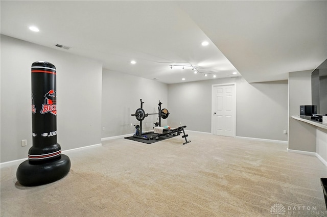 5497 Riverwalk Dr, Kings Mills, OH 45034 - workout room featuring recessed lighting, baseboards, and light colored carpet