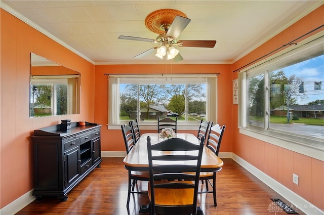 dining room with crown molding, dark wood-style flooring, ceiling fan, and baseboards