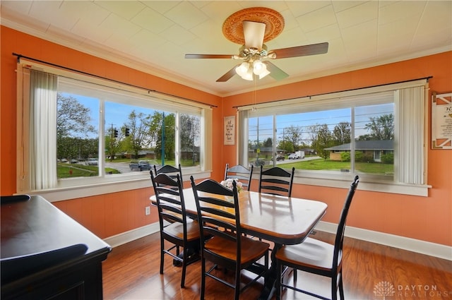 dining room featuring crown molding, baseboards, wood finished floors, and a healthy amount of sunlight