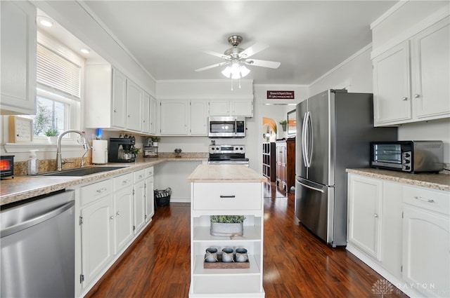 kitchen with white cabinets, a ceiling fan, appliances with stainless steel finishes, and a sink