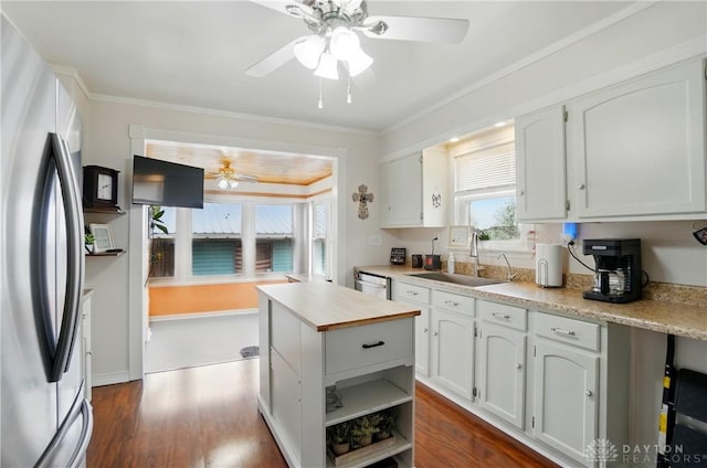 kitchen with a ceiling fan, a sink, appliances with stainless steel finishes, and dark wood-type flooring