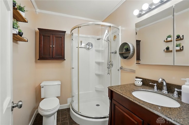 bathroom featuring crown molding, vanity, toilet, baseboards, and a shower stall