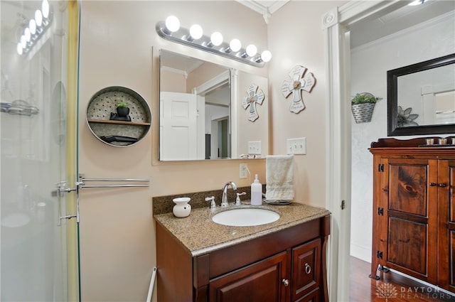 bathroom featuring crown molding, wood finished floors, and vanity