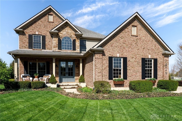 traditional-style house featuring brick siding, a front lawn, and french doors