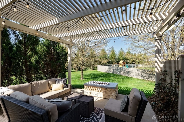 view of patio with fence, a pergola, and an outdoor hangout area