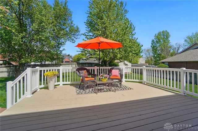 wooden terrace featuring a yard and a fenced backyard