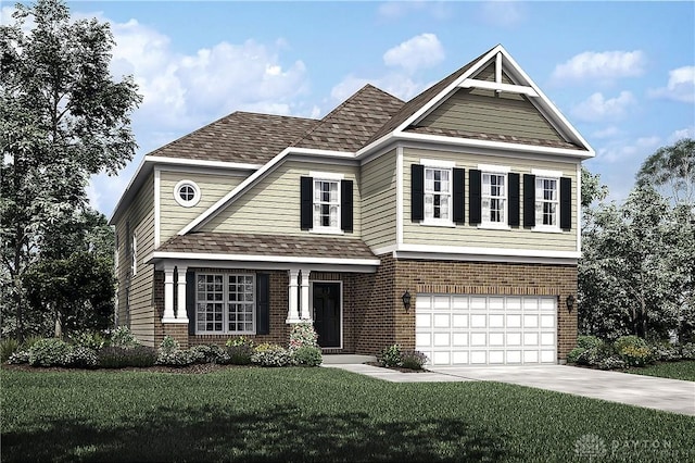 craftsman house featuring brick siding, an attached garage, driveway, and a front yard