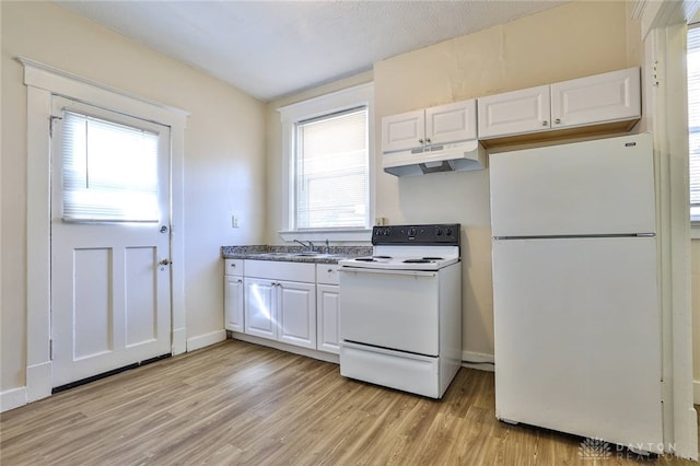 3733-3735 Reading Rd, Cincinnati, OH 45229 - kitchen with a sink, light wood-style floors, white appliances, white cabinetry, and under cabinet range hood