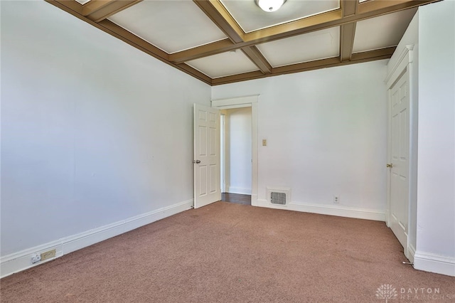 3733-3735 Reading Rd, Cincinnati, OH 45229 - unfurnished room featuring visible vents, beam ceiling, baseboards, coffered ceiling, and carpet flooring