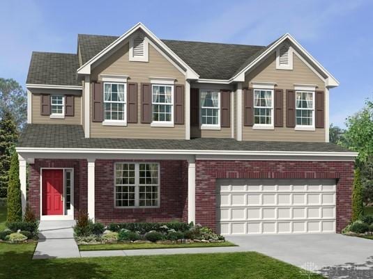 view of front of house featuring a garage, concrete driveway, brick siding, and a front yard