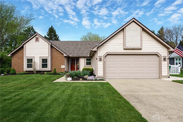717 Walden Way, Dayton, OH 45440 - single story home with brick siding, an attached garage, concrete driveway, roof with shingles, and a front lawn