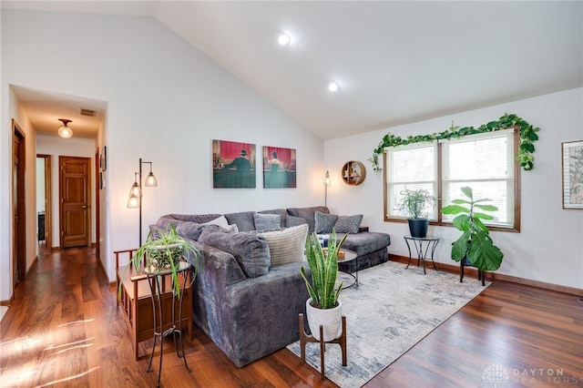 717 Walden Way, Dayton, OH 45440 - living room featuring recessed lighting, baseboards, visible vents, high vaulted ceiling, and wood finished floors
