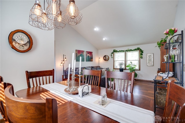 717 Walden Way, Dayton, OH 45440 - dining room featuring an inviting chandelier, recessed lighting, high vaulted ceiling, and wood finished floors