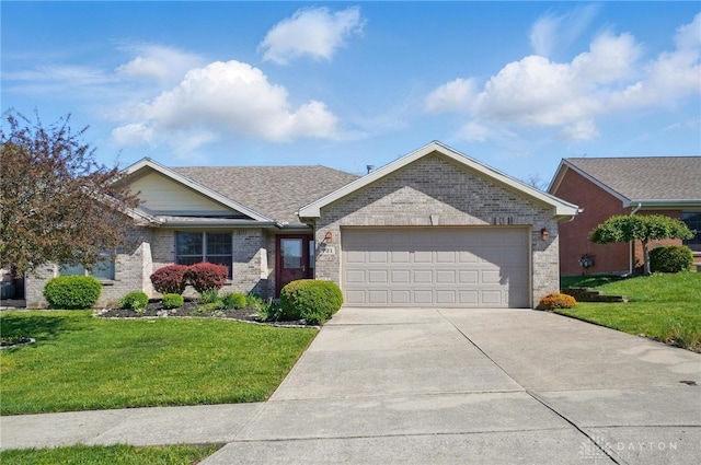 ranch-style house featuring an attached garage, driveway, a front lawn, and brick siding