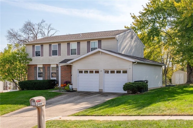 view of front facade featuring a storage shed, an attached garage, driveway, and a front lawn