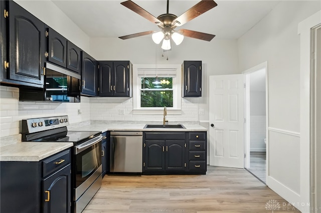 131 Hamilton St, West Milton, OH 45383 - kitchen with appliances with stainless steel finishes, ceiling fan, light countertops, and decorative backsplash