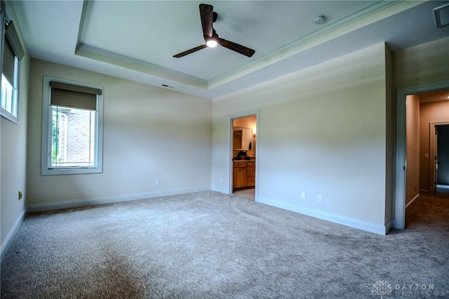 2725 Terraceview Cir, Beavercreek, OH 45431 - unfurnished room featuring a tray ceiling, light carpet, a ceiling fan, crown molding, and a smoke detector