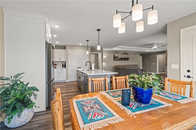 838 W Bentley Cir, Troy, OH 45373 - dining space with recessed lighting, a ceiling fan, and dark wood finished floors