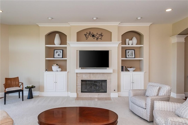 835 Vintage Green Way, Centerville, OH 45458 - carpeted living area with built in shelves, a premium fireplace, baseboards, and recessed lighting
