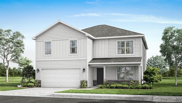 view of front of house featuring covered porch, driveway, a front yard, an attached garage, and a shingled roof