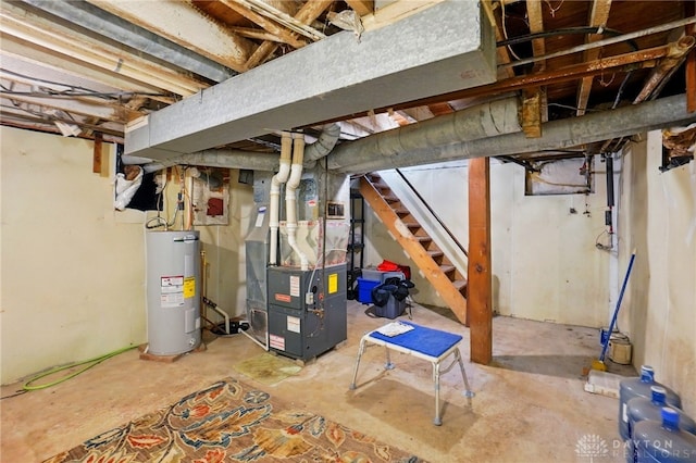 281 S Riverview Ave, Miamisburg, OH 45342 - unfinished below grade area featuring heating unit, stairs, and electric water heater