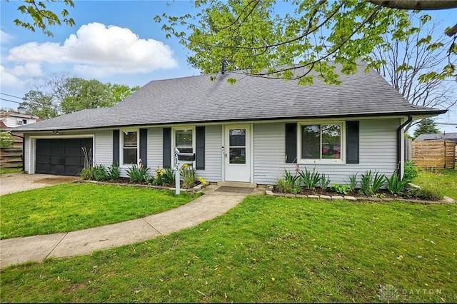 ranch-style home featuring driveway, a garage, fence, a front lawn, and a shingled roof