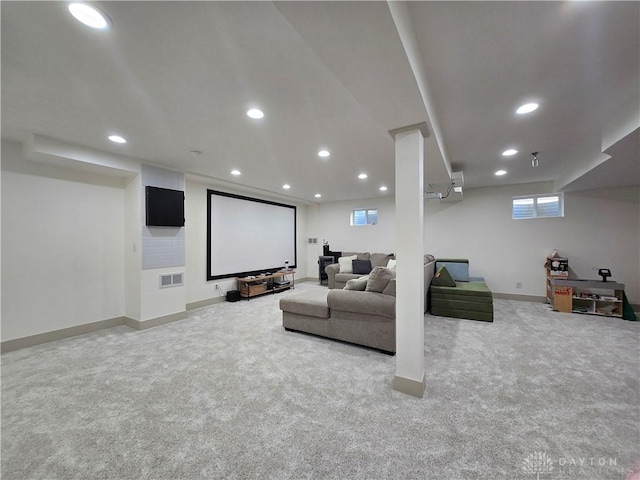 home theater with recessed lighting, baseboards, visible vents, and carpet