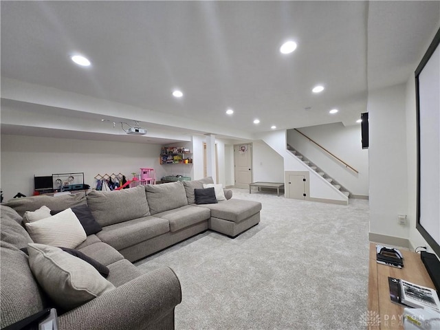 living room with stairway, baseboards, carpet flooring, and recessed lighting