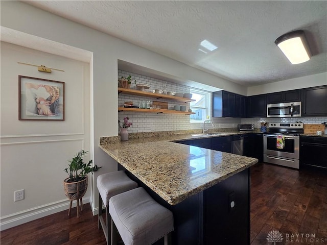 kitchen featuring a sink, decorative backsplash, appliances with stainless steel finishes, and dark wood-style floors