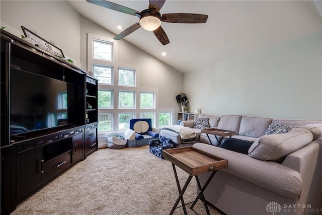 94 Patterson Rd, Oakwood, OH 45419 - living area featuring light colored carpet, recessed lighting, ceiling fan, and high vaulted ceiling